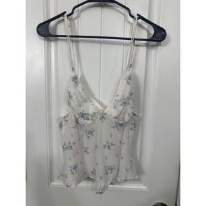 Victoria's Secret Blue Floral Chiffon Camisole Tie Back Rosette Top White  M